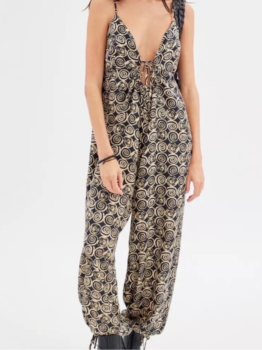 0065 Urban Outfitters Spiral-Print Deep V Jumpsuit in Black & Cream